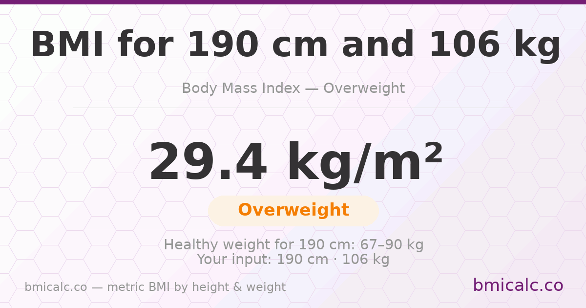 BMI 190 cm 106 Kg 40 years male — BMI 29.4 (overweight).