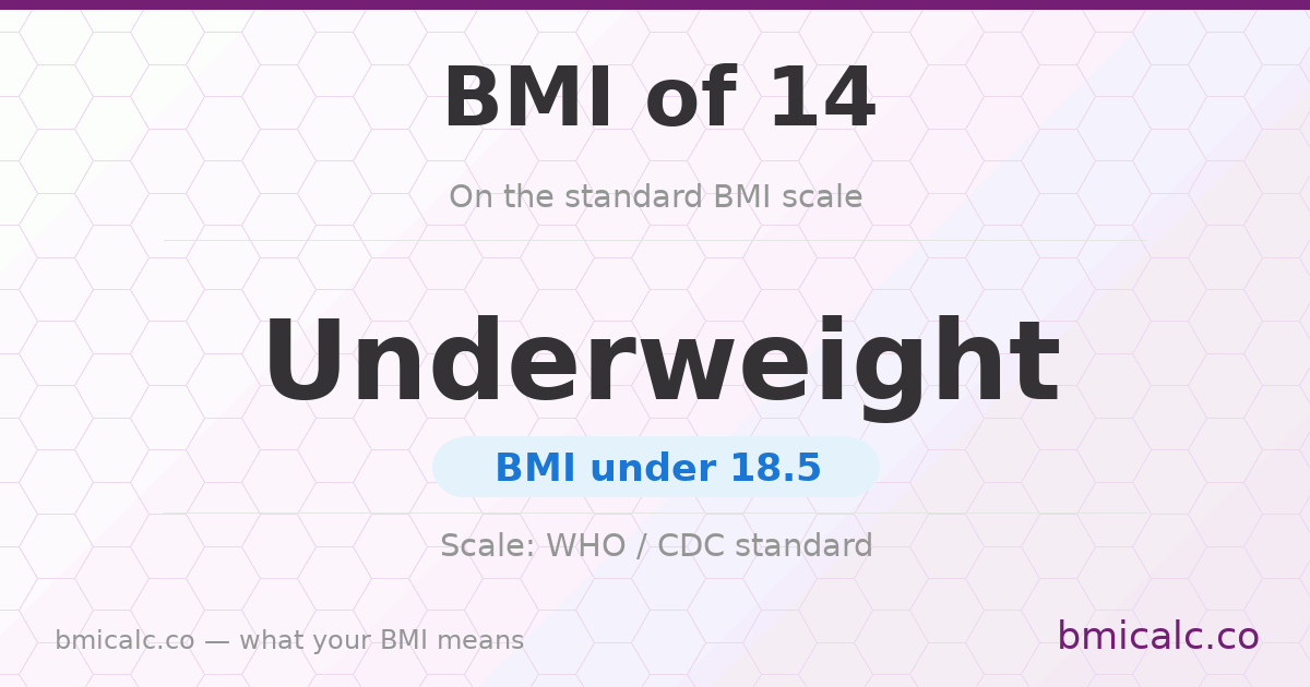 A BMI of 14 is underweight on the standard BMI scale. See what it means by age and sex.