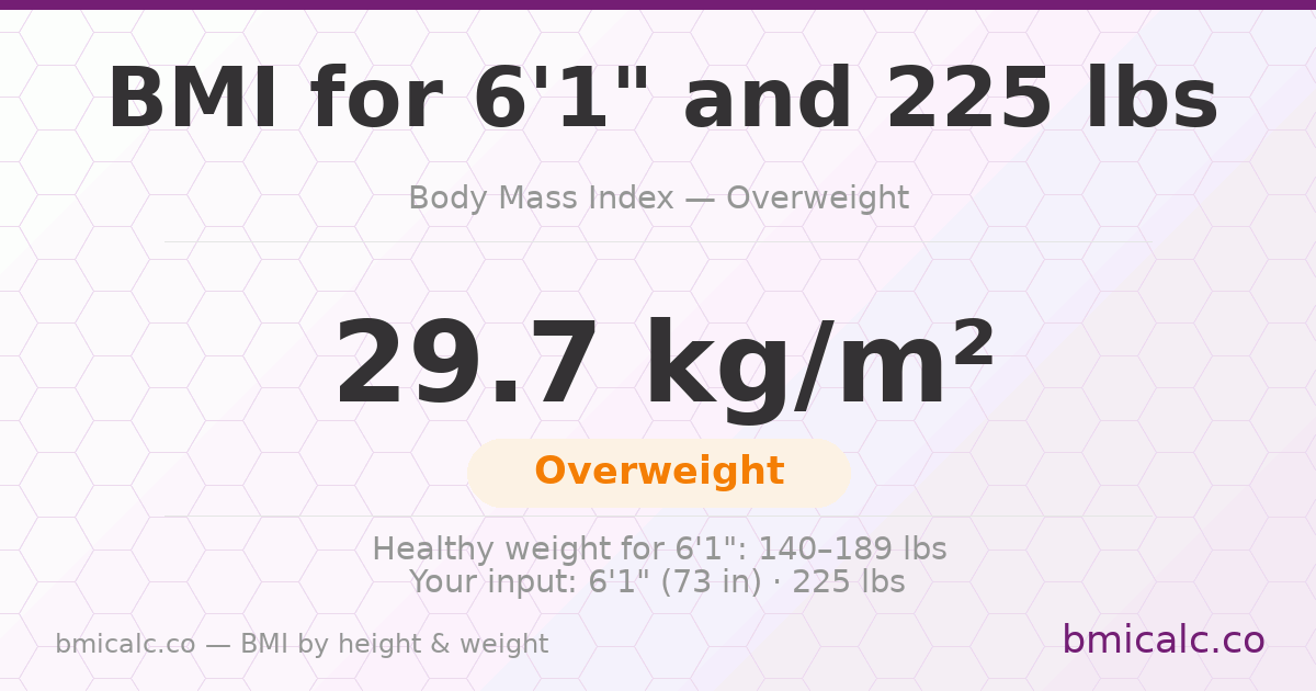 BMI for 6'1" and 225 lbs — 29.7 (Overweight). See your BMI category and healthy weight range.